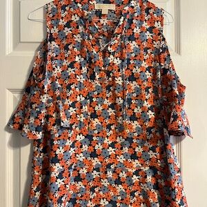 Michael Kors Coral and Blue Floral Cold Shoulder top with tie front